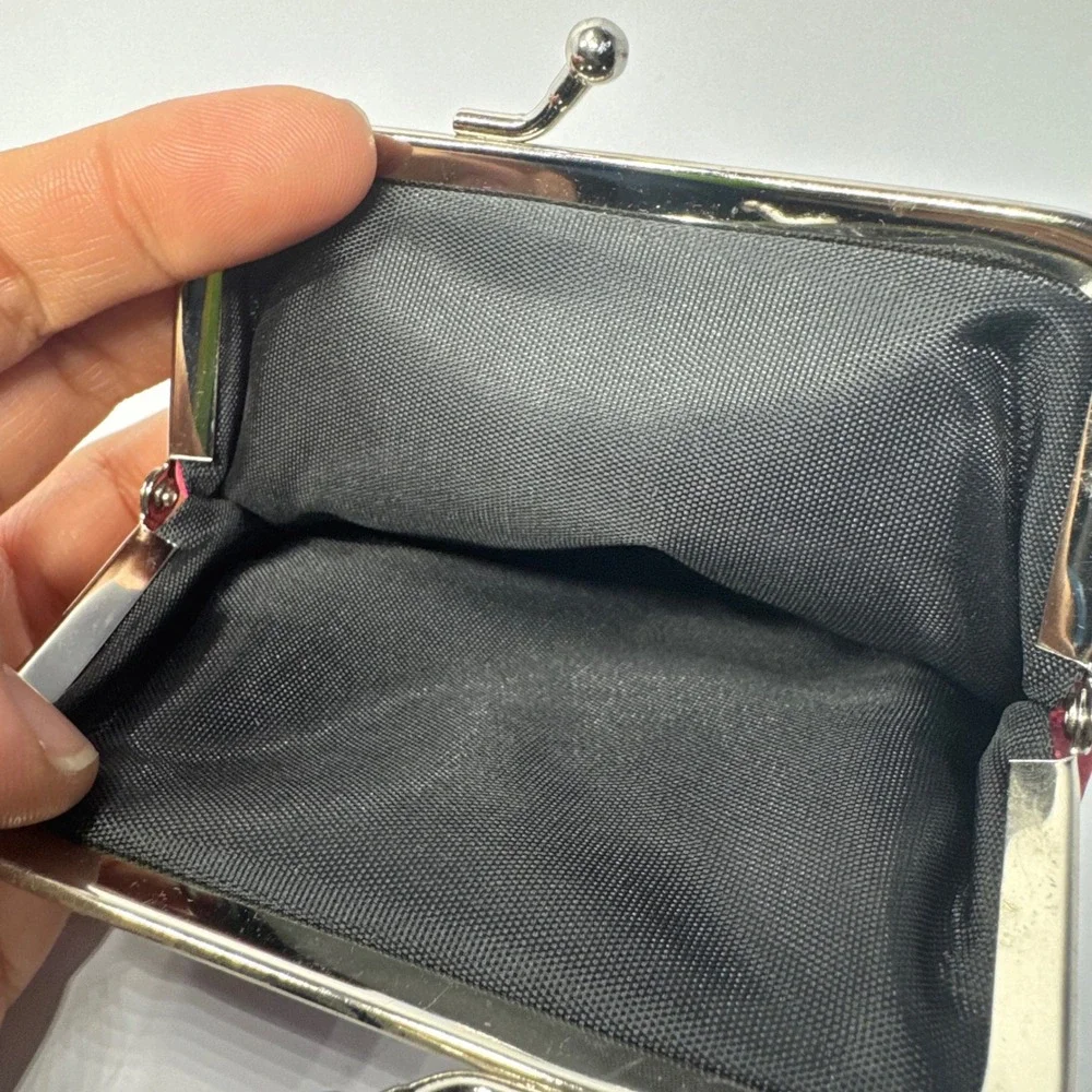 Buxton Vintage Red Fabric Kiss Lock Coin Purse with Front Pocket Silver Hardware